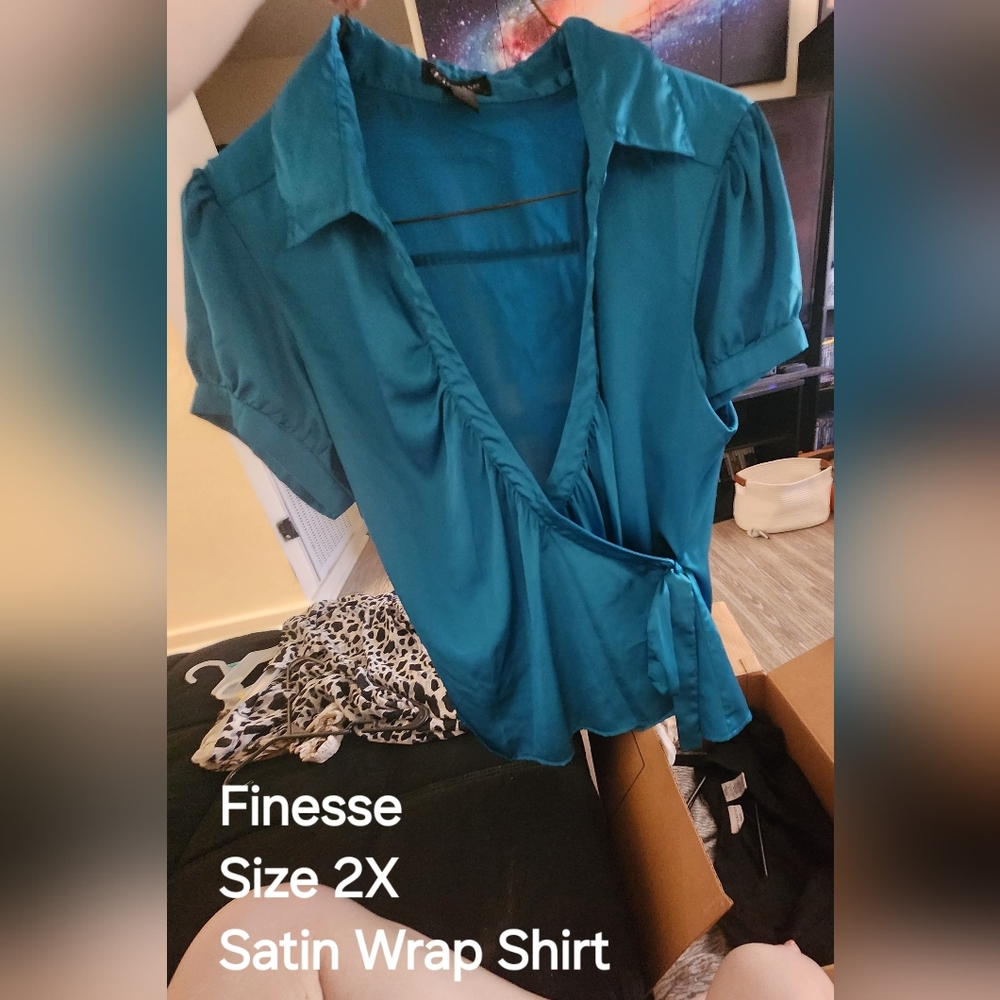 2X Blue Satin Wrap Blouse